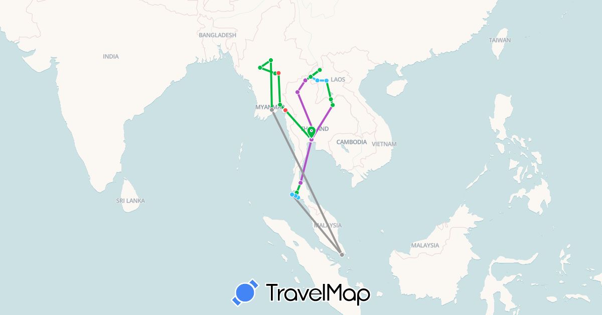 TravelMap itinerary: driving, bus, plane, train, hiking, boat in Laos, Myanmar (Burma), Singapore, Thailand (Asia)