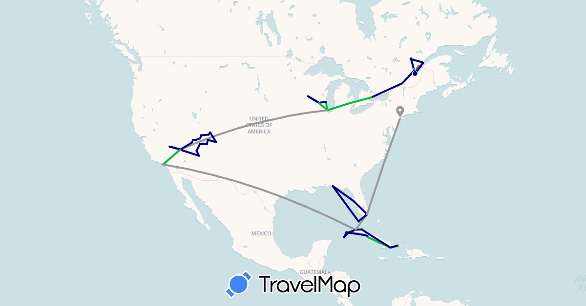 TravelMap itinerary: driving, bus, plane, hiking, boat in Canada, Cuba, United States (North America)