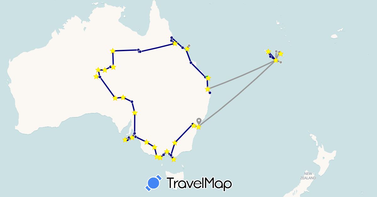 TravelMap itinerary: driving, bus, plane, train, boat in Australia, New Caledonia (Oceania)